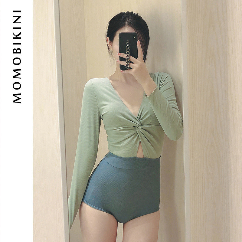H ワンピース 水着 ツイストフロント&バックリボン 長袖 バックコンシャス 体形カバー